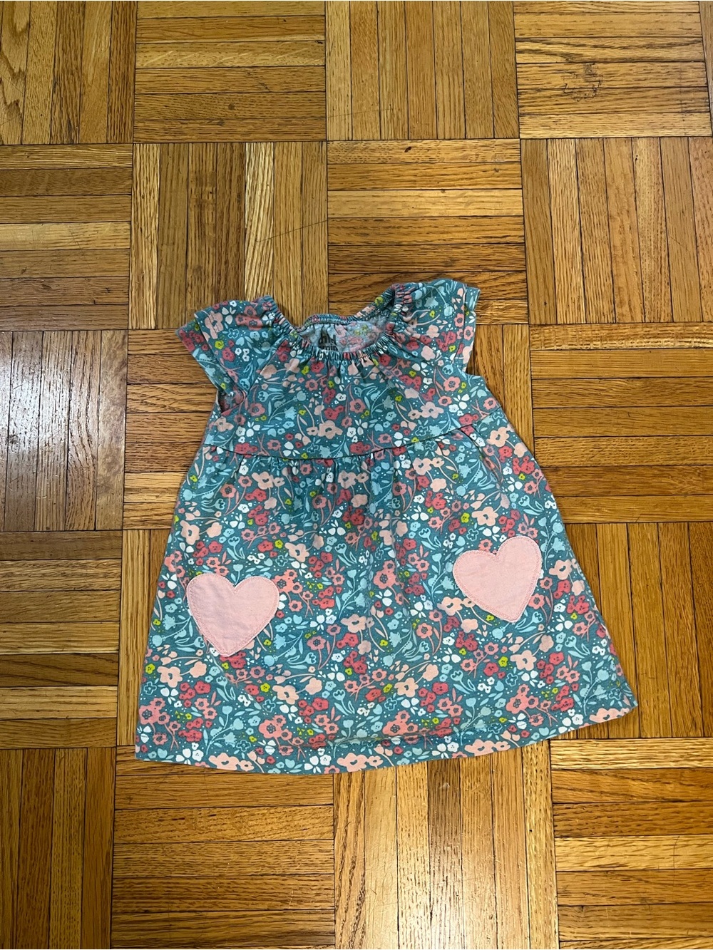 It’s a Girl Teal Floral Kids Dress with Pink Heart Pockets size 3-6 months